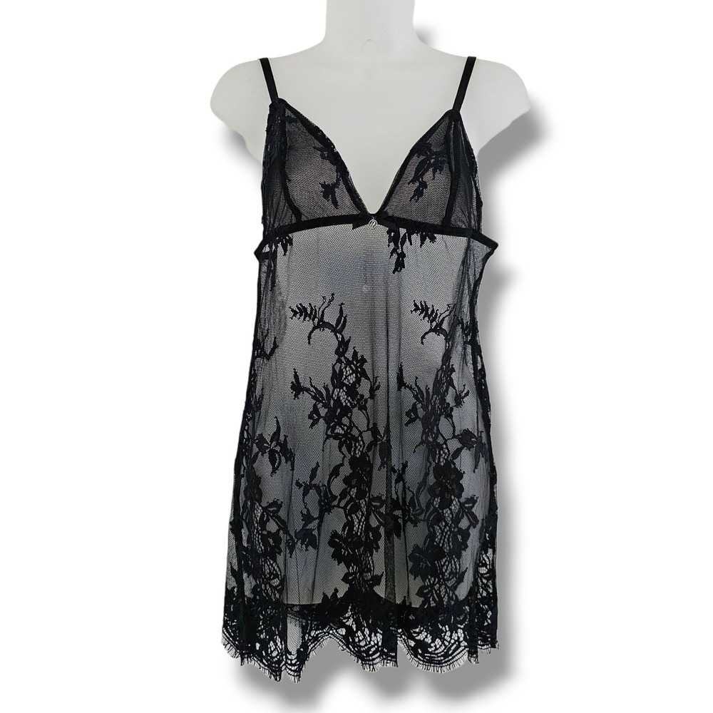 Black Lace Chemise Slip Dress L Sheer Floral‎ Sexy Dark Romantic Boudoir Sultry